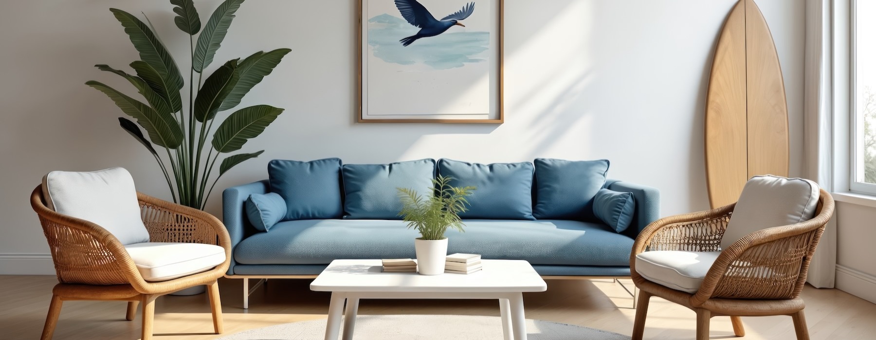 a living room with a blue couch and a table with a plant